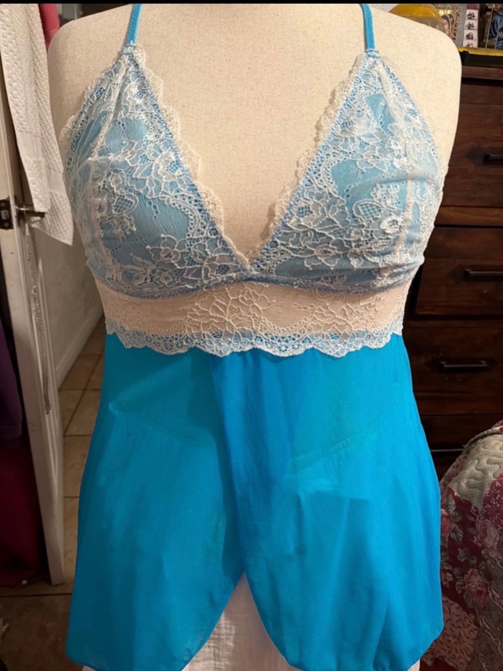 Blue Chemise with Cream Lace Trim - Unbranded